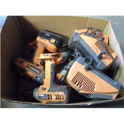 BOX OF MISC RIGID CORDLESS TOOLS/BATTERIES/CHARGERS
