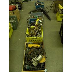 5 CRATES AND BUCKETS OF TOOLS/HOOKAH PIPES/BIKE RACK