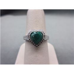 RING - 1.70 HEART CUT EMERALD & 2 DIAMONDS IN STERLING SILVER SETTING - INCLUDES CERTIFICATE $325