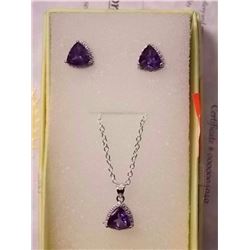 NEW NECKLACE & EARRING SET - TRILLIUM FACETED AMETHYST & DIAMOND IN STERLING SILVER SETTING - INCLUD