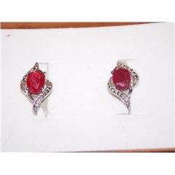 EARRINGS - NEW 1.5CT OVAL FACETED RUBY & DIAMONDS IN STERLING SILVER SETTING - INCLUDES PLATINUM FIN