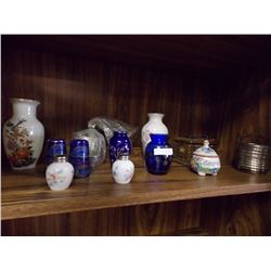 SHELF LOT COLLECTABLES, VASES, COASTERS