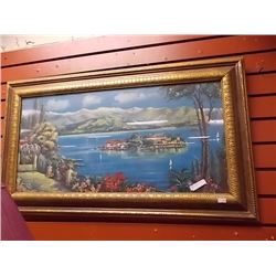 GOLD FRAMED PICTURE -ISLAND IN THE LAKE - 33" X 19