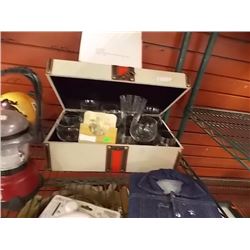 WOOD CASTERS, GRAVY BOAT, WINE GLASSES ETC