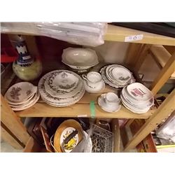 SHELF LOT ASSORTED CHINA PLATES AND MORE
