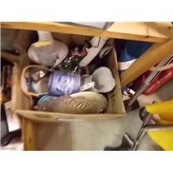 BOX LOT OF GLASSES, TEA POT, ALARM CLOCK