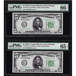 Lot of (2) 1934A $5 Federal Reserve Notes Chicago PMG 65EPQ & 66EPQ