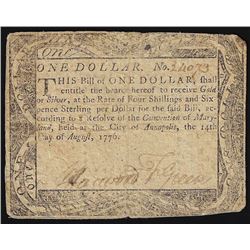 August 14, 1776 $1 Maryland Colonial Currency Note