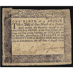 August 14, 1776 $1/9 Maryland Colonial Currency Note