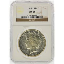 1925-S $1 Peace Silver Dollar Coin NGC Graded MS65