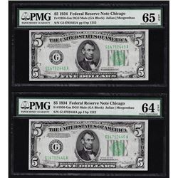 Lot of (2) 1934 $5 Federal Reserve Notes Chicago PMG 64EPQ & 65EPQ
