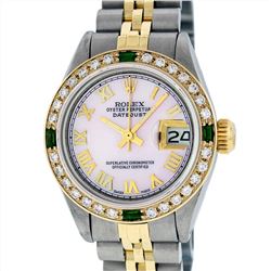 Rolex Ladies Two Tone Emerald and Diamond Datejust Wristwatch