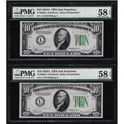 Lot of (2) 1934A $10 Federal Reserve Note San Francisco PMG Choice About Unc 58E