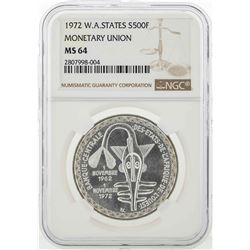 1972 Western African States 500 Francs Silver Coin NGC MS64