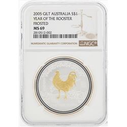 2005 $1 Gilt Australia Year of the Rooster Frosted Silver Coin NGC MS69