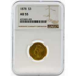 1878 $3 Indian Princess Head Gold Coin NGC AU55