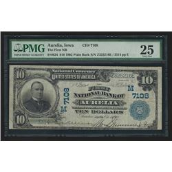 1902 $10 PB First National Bank of Aurelia Iowa National Currency Note PMG VF25