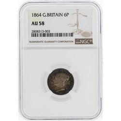 1864 Great Britain 6 Pence Silver Coin NGC AU58