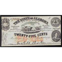 1863 Twenty-Five Cents The State of Alabama Obsolete Note
