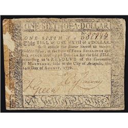 August 14, 1776 $1/6 Maryland Colonial Currency Note