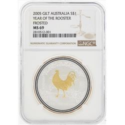 2005 $1 Gilt Australia Year of the Rooster Frosted Silver Coin NGC MS69