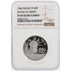 1986 France 100 Francs Platinum Statue of Liberty Coin NGC PF69 Ultra Cameo