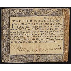December 7, 1775 $2/3 Maryland Colonial Currency Note