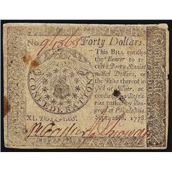 September 26, 1778 $40 Continental Currency Note