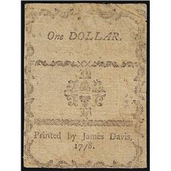 August 8, 1778 $1 North Carolina Colonial Currency Note
