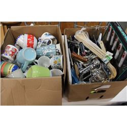 BOX OF KITCHEN UTENSILS AND BOX OF COFFEE MUGS