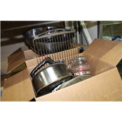 THREE BOXES OF KITCHEN WARE AND STAINLESS BOWL ETC