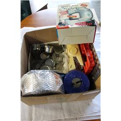 BOX OF KITCHEN WARES AND SEWING MACHINE ETC