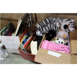 TWO BOXES OF BOOKS AND BOX OF MITTENS AND KIDS TOYS