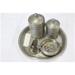 PEWTER SMOKERS SET MATCH HOLDER AND TABACCO TIN ETC ALL ON TRAY