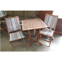 TEAK PATIO TABLE AND TWO CHAIRS