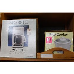 SHELF LOT OF COFFEE MAKERS AND RICE COOKER AND TRAY