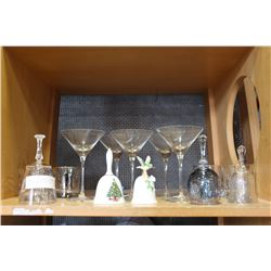 SHELF LOT OF MARTINI GLASSES AND BAR GLASSES AND BELL COLLECTION