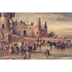 18th Century Dutch School, Activity on a Frozen Canal, Oil on oak panel, 13 by 17.75in...