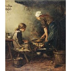 Johannes Weiland, 1856-1909 Dutch, Preparing the Meal, Oil on canvas, Signed; titled on a la...