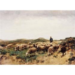 Fedor van Kregten, 1871-1937 Dutch, Shepherd & Flock on the Dunes, Oil on canvas, Signed, ...