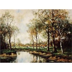 Willem Hendriks, 1888-1966 Dutch, Cows in a Sunny Glade, Oil on canvas, Signed, 24 by 32in...