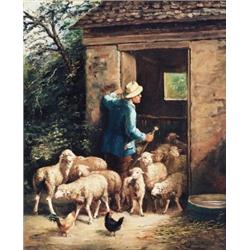 19th Century Dutch School, Releasing the Flock, Oil on canvas, Indistinctly signed, 22 by 18...
