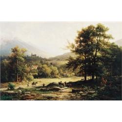 Rudolf Poeppel, 1823-1889 German, Village in the Mountains, Oil on canvas, Signed and inscri...