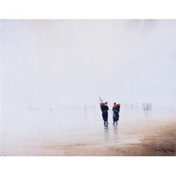 Augustus van Hier, 19th Century, Clam Gatherers on the Beach, Oil on paper laid on canvas, S...