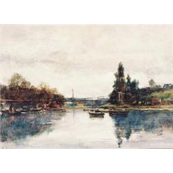 Albert Lebourg, 1849-1928 French, Boats on the Seine, Oil on canvas, Signed, 10 by 14in.,...