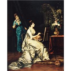 Fleury, 19th Century French, Lady at Her Easel, Oil on canvas, Signed, 31 by 25in., 78.7 b...