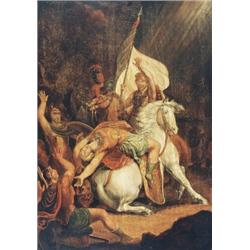 19th Century Italian School, Roman Battle Scene, Oil on oak panel, Unsigned, 27 by 19in., 68...