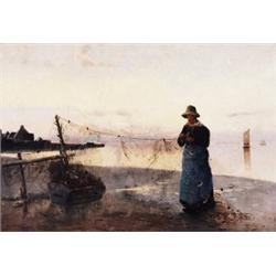 C. Moore, 19th Century British, Drying the Nets, Oil on canvas, Signed, 32 by 46in., 81.3...