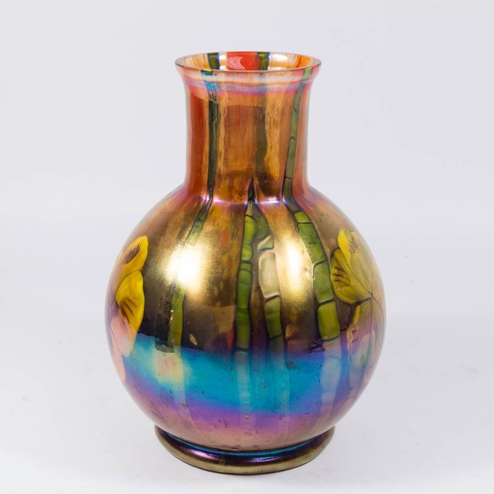 Czechoslovakian Art Glass Vase with Flowers