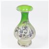 Image 1 : Art Glass Silver Overlay Green Vase with Flowers